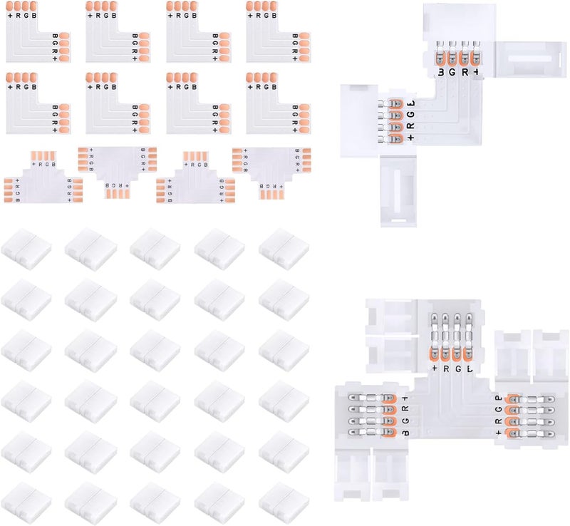 Pmxary 42Pcs 4 Pin LED Strip Connectors Kit for 8mm Wide RGB LED Strip Light, Includes 8 L-Shaped, 4 T-Shaped, and 30 Solderless LED Light Connectors Clips, Easy for DIY Lighting Projects - Image 1